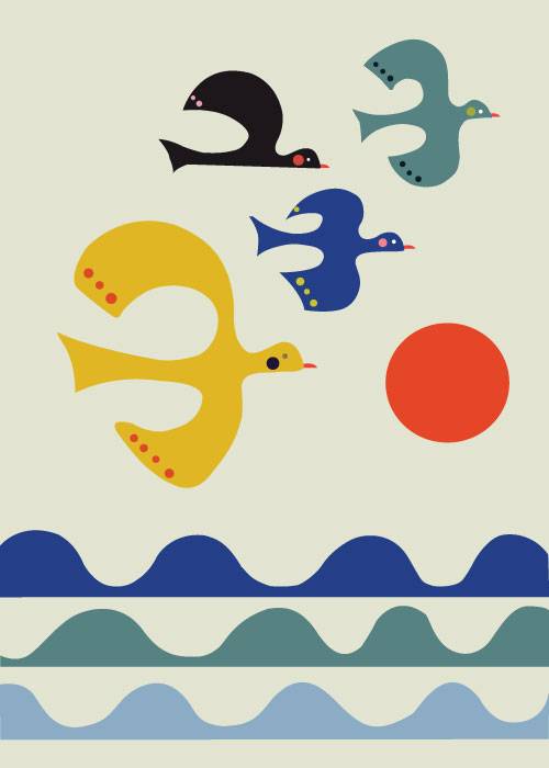 Colourful Bird And Red Moon – Grafiske Plakater