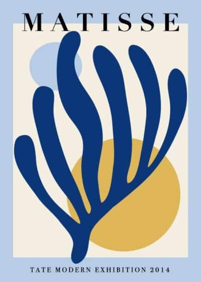 Henri Matisse inspireret plakat "Matisse Blues Blue" kan købes hos Postershop.dk - Blå blade med gule og beige cirkler, trykt på bæredygtigt papir.