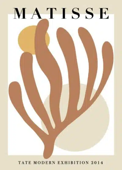 Henri Matisse inspireret plakat "Matisse Blues Brown" kan købes hos Postershop.dk - Brune blade med gule og beige cirkler, trykt på bæredygtigt papir.