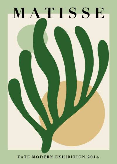 Henri Matisse inspireret plakat "Matisse Blues Green" kan købes hos Postershop.dk - Grønne blade med gule og beige cirkler, trykt på bæredygtigt papir.