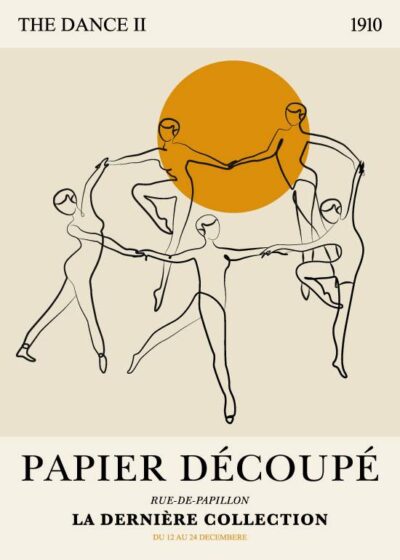 Henri Matisse inspireret plakat "The Dance II" kan købes hos Postershop.dk - Dansende figurer med orange sol, trykt på bæredygtigt papir.