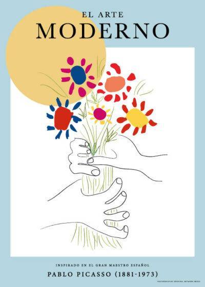 Plakaten "Bouquet of Peace" viser en buket farverige blomster holdt af to hænder, tegnet med sorte linjer på en lys baggrund. Kan købes hos postershop.dk