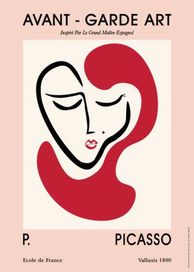 Plakaten "Picasso Love Head" viser et kærlighedens ansigt med sorte linjer og intens rød farve på beige baggrund. Kan købes hos postershop.dk
