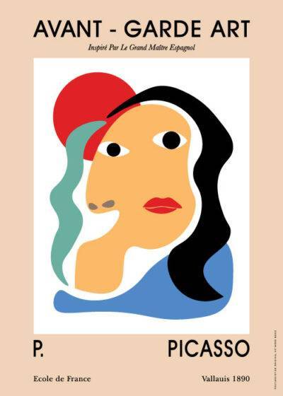 Plakaten "Picasso Inspireret Reversed Head" viser et ansigt med dristige farver og geometriske former på beige baggrund. Kan købes hos postershop.dk