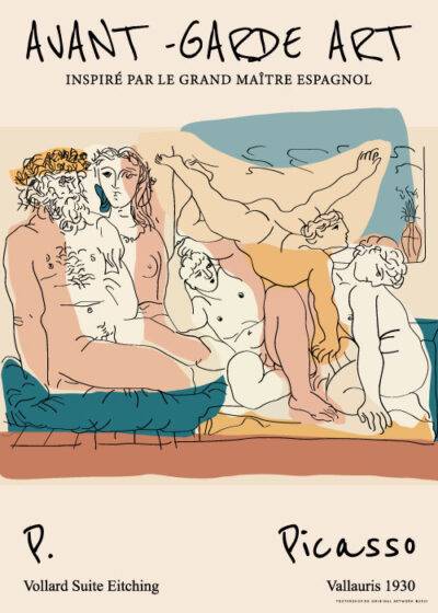 Plakaten "Avant-Garde Art" inspireret af Picasso viser græske guder i en levende komposition med blå, orange, beige og hvid. Kan købes hos postershop.dk