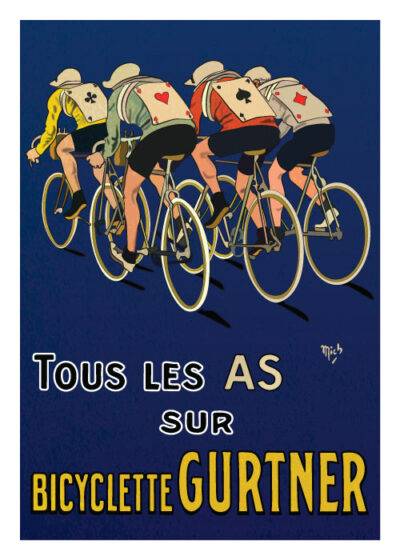Vintage reklameplakat af Bicyclette Gurtner med fire cyklister i farverige trøjer, dyb blå baggrund og hvid tekst. En del af vores nye eksklusive samling af vintage-inspirerede plakater. Tilgængelig på postershop.dk