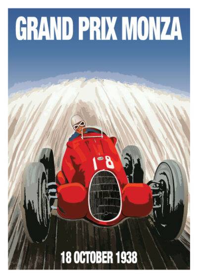 Vintage plakat af Grand Prix Monza 1938 med en rød racerbil, hvid hjelm, beige baggrund. Fås på postershop.dk