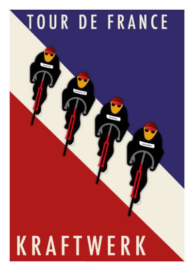 Unik plakat af Tour de France og Kraftwerk med fire cyklister på en trikolore baggrund, minimalistisk design. En del af vores nye eksklusive samling af vintage-inspirerede plakater. Tilgængelig på postershop.dk