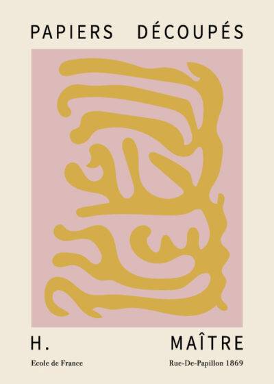 Henri Matisse inspireret plakat "Yellow Rope Leaf" - Gul abstrakt form på en rosa baggrund, trykt på bæredygtigt papir.