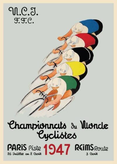Vintage plakat af verdensmesterskaberne i cykling 1947 med en gruppe farverige cyklister i konkurrence. En del af vores nye eksklusive samling af vintage-inspirerede plakater. Tilgængelig på postershop.dk