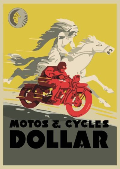 Vintage Motos Cycles plakat Postershop dk med en motorcykel i fuld fart ved siden af en hest og en sort "Dollar" tekst.