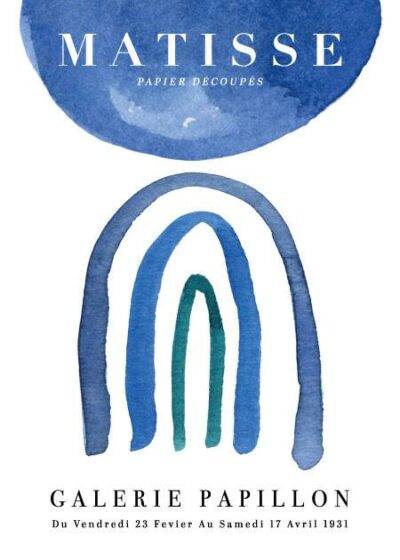 Henri Matisse inspireret plakat "Matisse Rainbow" - Blå halvcirkel og regnbue i nuancer af blå og grøn, trykt på bæredygtigt papir.