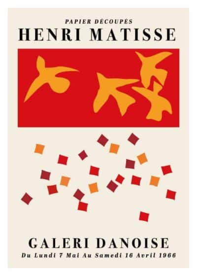 Henri Matisse inspireret plakat "Matisse Orange Birds" - Orange fugle og abstrakte former, trykt på bæredygtigt papir.