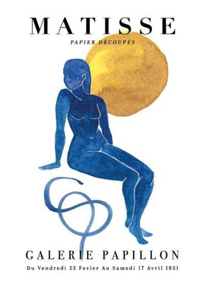 Henri Matisse inspireret plakat "Matisse Figure In The Sun" - Blå kvindelig figur med gylden sol, trykt på bæredygtigt papir.