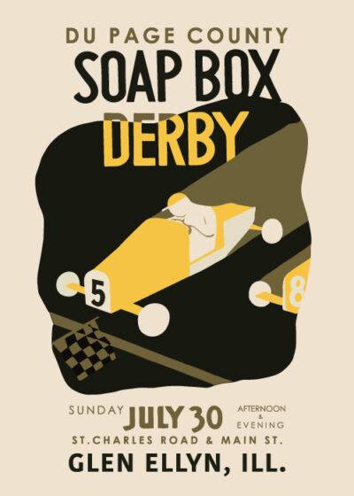 Vintage plakat af Du Page County Soap Box Derby i Glen Ellyn, Illinois med en gul sæbekassebil, beige baggrund. Fås på postershop.dk