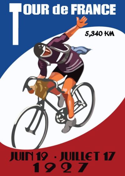 Vintage plakat af Tour de France 1927 med en cyklist i mørk trøje, baggrund i blå, hvid og rød, og løbsdetaljer. En del af vores nye eksklusive samling af vintage-inspirerede plakater. Tilgængelig på postershop.dk