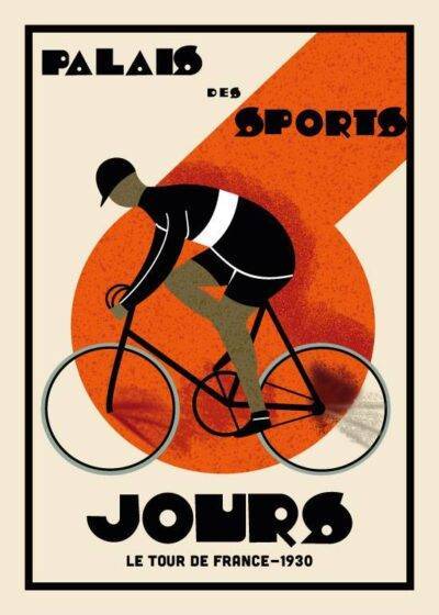 Vintage plakat af Tour de France 1930 med en stiliseret cyklist, rød cirkel baggrund og dekorativ tekst. En del af vores nye eksklusive samling af vintage-inspirerede plakater. Tilgængelig på postershop.dk