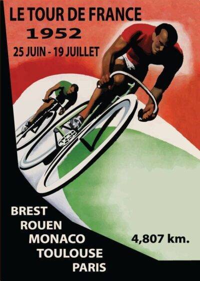 Vintage plakat af Tour de France 1952 med to cyklister, dramatisk rød, grøn og hvid baggrund og vigtigste byer på ruten. En del af vores nye eksklusive samling af vintage-inspirerede plakater. Tilgængelig på postershop.dk