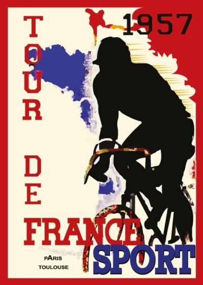 Vintage plakat af Tour de France 1957 med en cyklist i sort silhuet, farverigt fransk flag og bynavne som Paris og Toulouse. En del af vores nye eksklusive samling af vintage-inspirerede plakater. Tilgængelig på postershop.dk