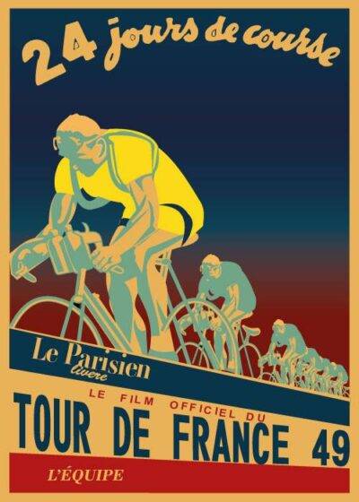 Vintage plakat af Tour de France 1949 med en gruppe cyklister i farverige trøjer, teksten "24 jours de course" og farverig baggrund. En del af vores nye eksklusive samling af vintage-inspirerede plakater. Tilgængelig på postershop.dk
