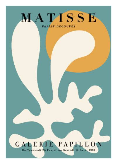 Henri Matisse inspireret plakat "Matisse Beige Cut Out Sun" - Abstrakt beige figur mod en turkis baggrund med en gul sol, trykt på bæredygtigt papir.