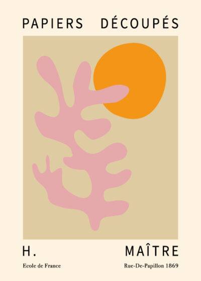 Henri Matisse inspireret plakat "Pink Leaf Sun" - Abstrakt pink bladform med orange sol på beige baggrund.