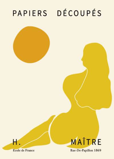 Henri Matisse inspireret plakat "Yellow Woman In The Sun" - Silhuet af kvinde i gult med en orange sol på beige baggrund.