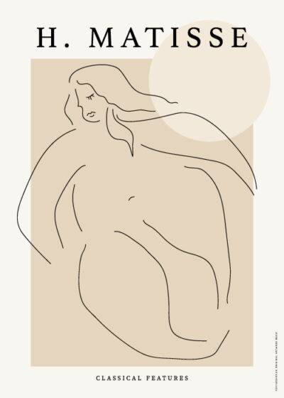 Henri Matisse inspireret plakat "Classical Features" - Linieillustration af en kvindefigur på beige baggrund.