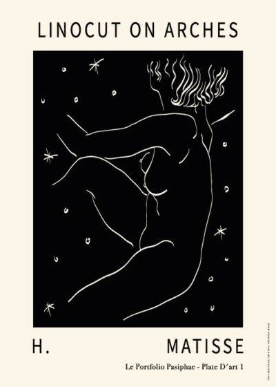 Henri Matisse inspireret plakat "Pasiphaë Plate 1" - Sort-hvid linoleumssnit kunstplakat med stjernemotiver og dynamisk figur.