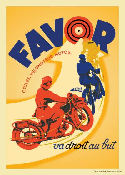 Vintage Cycles Motos plakat Postershop dk med motorcyklister i fuld fart og en blå og rød "Favor" tekst, illustreret af L. Matthey.