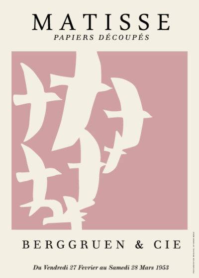 Henri Matisse inspireret plakat "Rose Cut Birds" - Elegant kunst med hvide fuglesilhuetter på rosa baggrund.