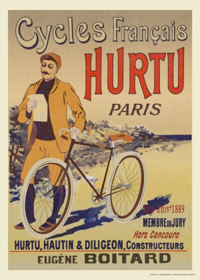 Vintage reklameplakat af Cycles Français Hurtu med en mand og en cykel, designet af Eugène Boitard, bløde naturlige farver. En del af vores nye eksklusive samling af vintage-inspirerede plakater. Tilgængelig på postershop.dk