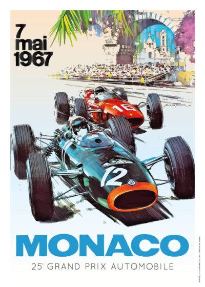 Grand Prix Monaco 1967 plakat Postershop dk med racerbiler i fuld fart langs Monacos gader, omgivet af publikum og byens maleriske baggrund, illustreret af Michael Turner.
