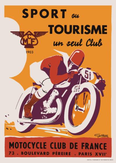 Vintage plakat af Motorcycle Club de France med en motorcyklist i høj fart, orange baggrund og sort tekst. En del af vores nye eksklusive samling af vintage-inspirerede plakater. Tilgængelig på postershop.dk
