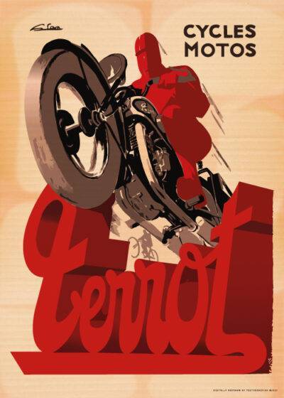 Vintage Cycles Motos plakat Postershop dk med en motorcykel i fuld fart og en rød "Terrot" tekst, illustreret af Favre.