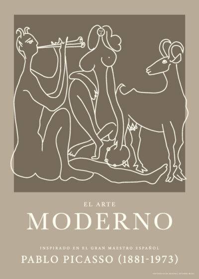 Plakat inspireret af Pablo Picassos "El Arte Moderno" med minimalistisk linjetegning i sepia-tone. Tilgængelig på postershop.dk