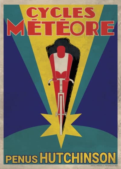 Art deco plakat af Cycles Météore med stiliseret cyklist, rød, gul og blå farvevalg, inspireret af Tour de France. En del af vores nye eksklusive samling af vintage-inspirerede plakater. Tilgængelig på postershop.dk