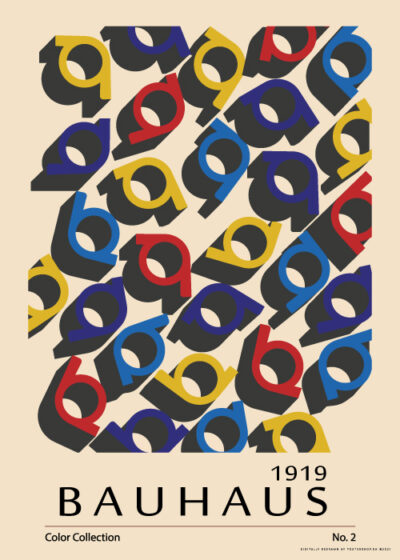 Plakaten "Bauhaus Colour Collection No. 2" viser farverige geometriske former på en lys beige baggrund. Original Postershop kunstplakat inspireret af Bauhaus-skolen. Kan købes hos postershop.dk