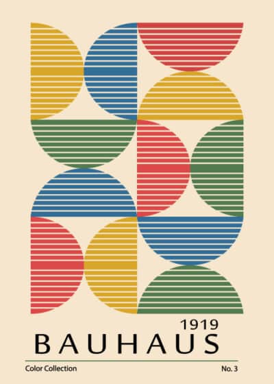 Plakaten "Bauhaus Colour Collection No. 3" viser farverige geometriske former på en lys beige baggrund. Original Postershop kunstplakat inspireret af Bauhaus-skolen. Kan købes hos postershop.dk