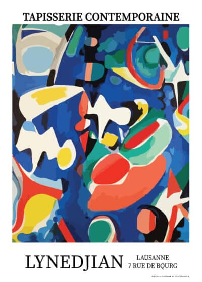 Farverig, abstrakt kunstplakat "Exhibition Lynedjian 1962" af Jaques Lagrange – Livlige farver og former.