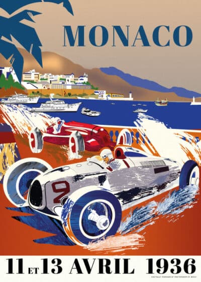 Grand Prix Monaco 1936 plakat Postershop dk med racerbiler i fuld fart langs Monacos kystlinje, omgivet af både og maleriske bygninger, illustreret af Geo Ham.