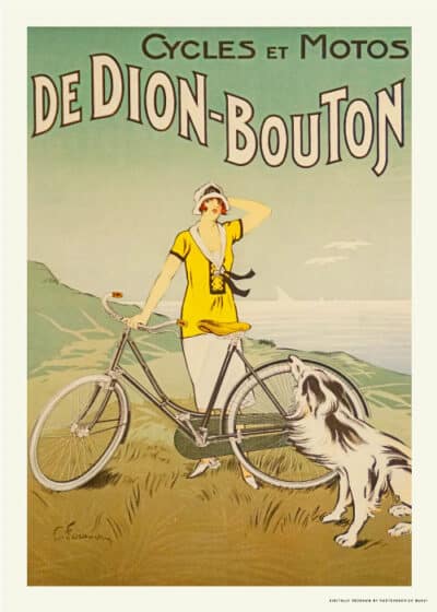 Smuk art deco plakat af Felix Fournery med en elegant kvinde og hendes De Dion-Bouton cykel, lys beige baggrund. En del af vores nye eksklusive samling af vintage-inspirerede plakater. Tilgængelig på postershop.dk