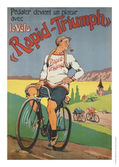 Vintage plakat af Rapid-Triumph fra 1910 med en selvsikker cyklist og farverig landskabsbaggrund, designet af C. Liozu. En del af vores nye eksklusive samling af vintage-inspirerede plakater. Tilgængelig på postershop.dk