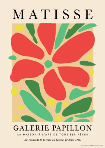 Kunstplakat "Grande Fleurs Rouge" inspireret af Henri Matisse – store røde blomster, grønne blade, gule detaljer.