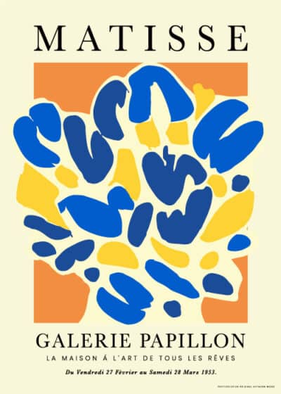 Livlig kunstplakat "Grandes Fleurs Bleues" inspireret af Henri Matisse – Blå, gule og orange blomster.