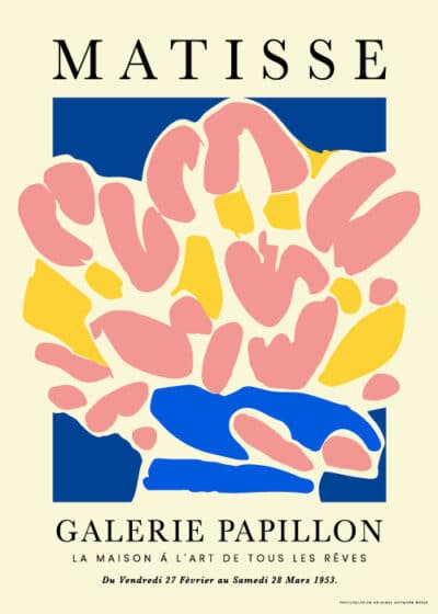 Livlig kunstplakat "Grandes Fleurs Roses" inspireret af Henri Matisse – Rosa, gule og blå blomster.
