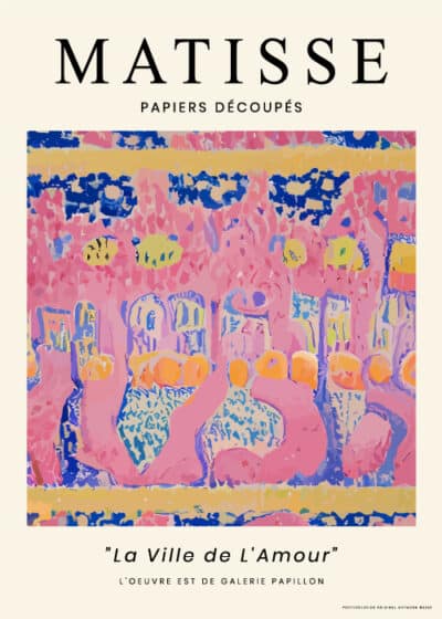 Kunstplakat "La Ville de L'Amour" inspireret af Henri Matisse – farverig byscene i pink, blå og gul.