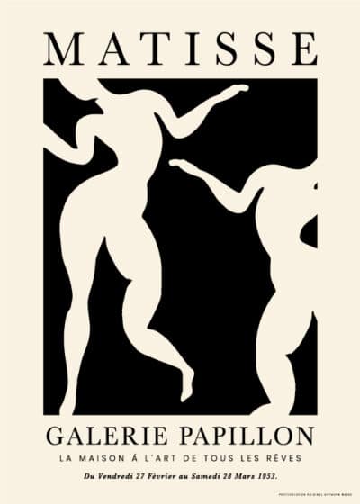 Henri Matisse inspireret kunstplakat "Ladies Dancing" – hvide dansende kvindefigurer på sort baggrund.