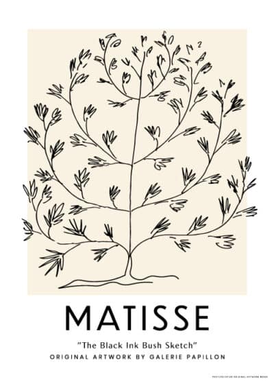 Kunstplakat "The Bush Sketch" inspireret af Henri Matisse – sort blæk tegning af busk.