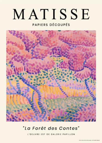 Kunstplakat "The Fairytale Forest" inspireret af Henri Matisse – pastelfarvede træer, frodige blade.